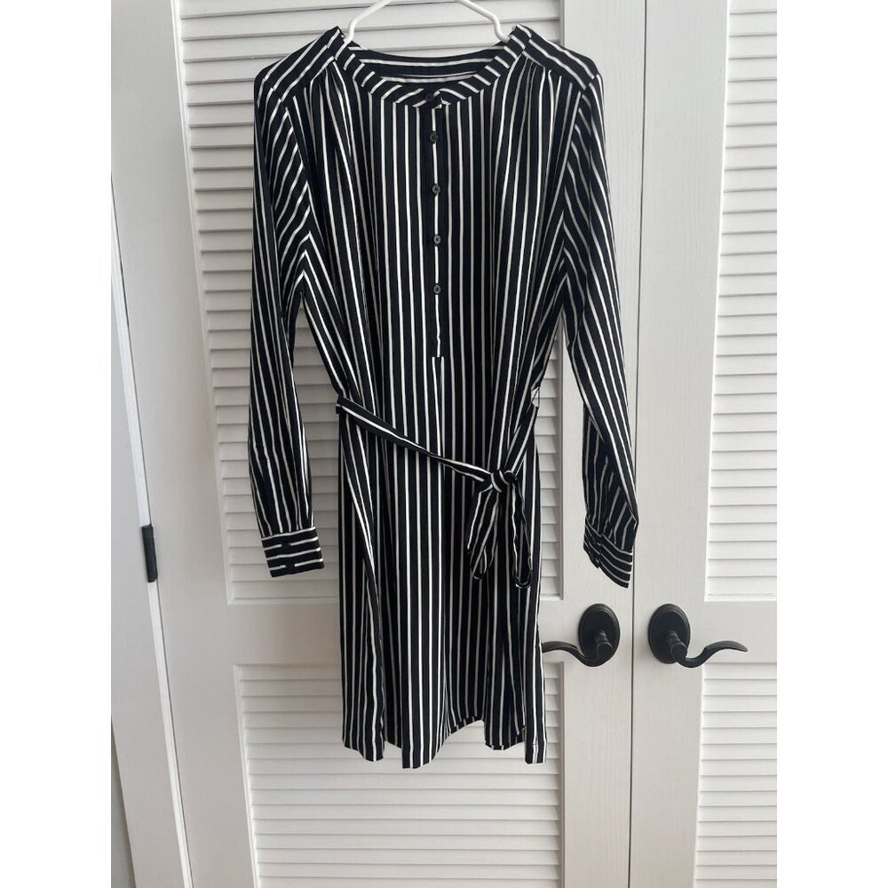 Ann Taylor Outlet Dress Black White Striped Long Sleeve Tie Waist Dress Sz L - Picture 2 of 11